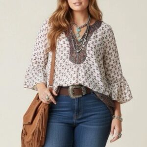 Suzanne Betro Weekend Printed Bohemian Ruffle Bell Sleeve Top Size 1X Western